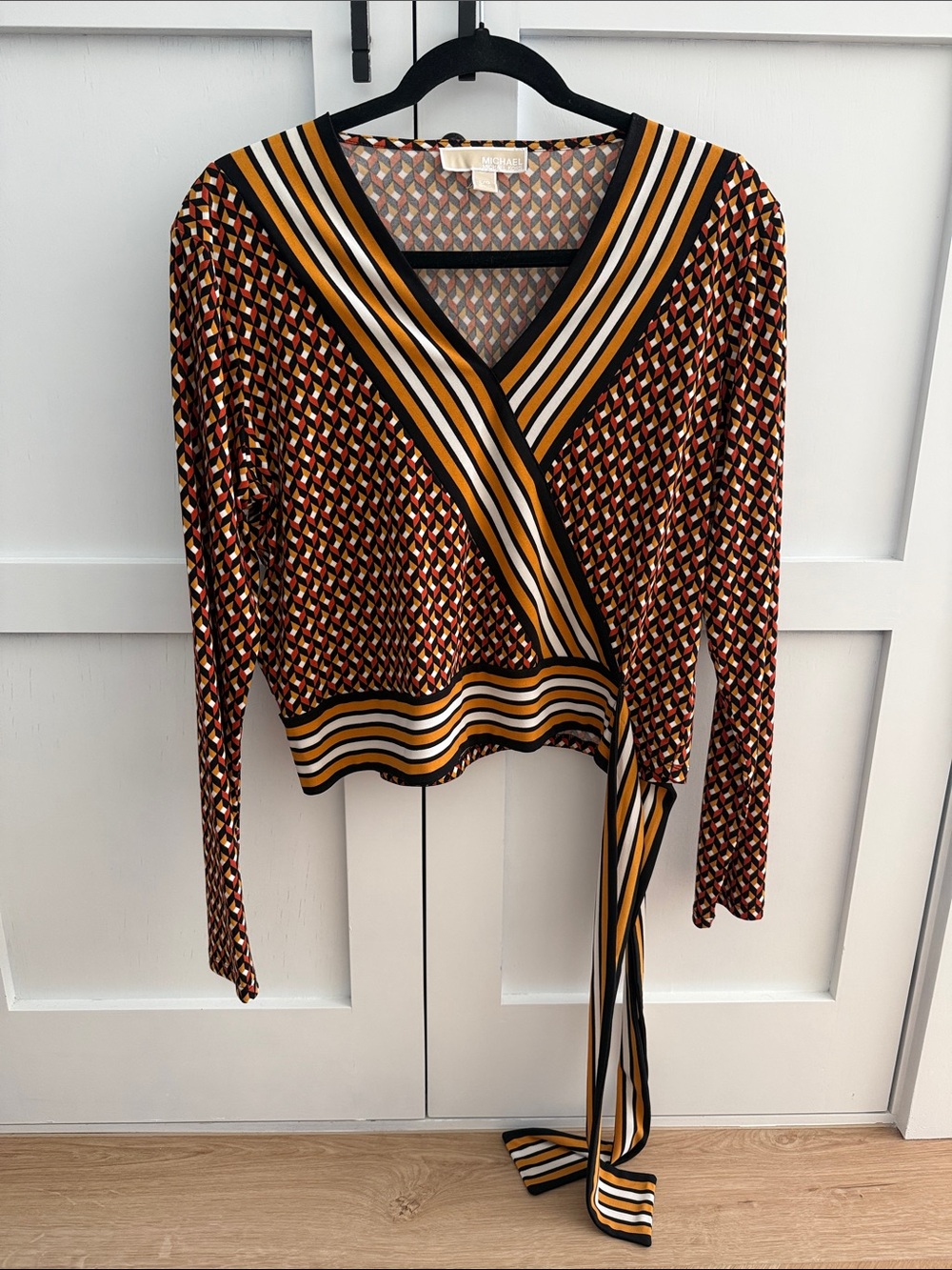 Michael Kors Striped Geometric Wrap Blouse in Rust and Mustard